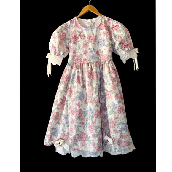 Vtg Poly Kids girls floral dress Puffy sleeves bows & lace Size 10 button pearl - Picture 1 of 12